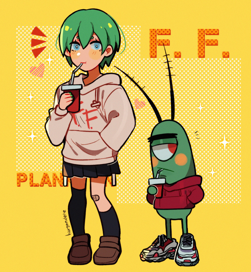 1boy 1girl absurdres antennae asymmetrical_legwear bandaid bandaid_on_knee bandaid_on_leg blue_eyes brown_hoodie brown_sweater character_name commentary crossover cup disposable_cup drinking drinking_straw english_commentary foo_fighters_(jojo) green_hair hand_in_pocket heart highres hood hooded_sweater hoodie huyandere jojo_no_kimyou_na_bouken loafers plankton_(spongebob) red_eyes shoes short_hair single_thighhigh sneakers sparkle sparkling_aura spongebob_squarepants_(series) stone_ocean sweater thighhighs trait_connection