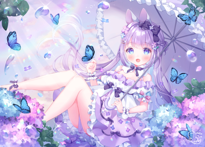 1girl :d animal_ears bare_shoulders black_bow blue_butterfly blue_eyes blue_flower blush bow breasts bug butterfly cleavage commentary_request dated dress feet_out_of_frame flower frilled_umbrella frilled_wrist_cuffs frills glint grey_umbrella hair_bow hair_flower hair_ornament highres holding holding_umbrella hydrangea insect long_hair looking_at_viewer nape_braid off-shoulder_shirt off_shoulder omochi_monaka open_mouth original parasol pink_flower puffy_short_sleeves puffy_sleeves purple_dress purple_flower purple_hair rabbit_ears rabbit_girl shirt shirt_over_dress short_sleeves signature smile solo umbrella very_long_hair water_drop wrist_cuffs
