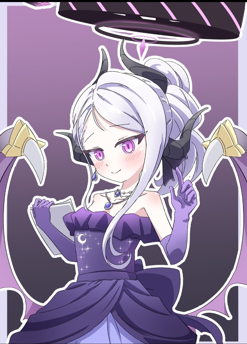blue_archive blush breasts demon_girl demon_horns demon_wings dress gloves highres hina_(blue_archive) horns long_hair purple_background purple_dress purple_eyes purple_gloves reiremi simple_background small_breasts white_hair wings