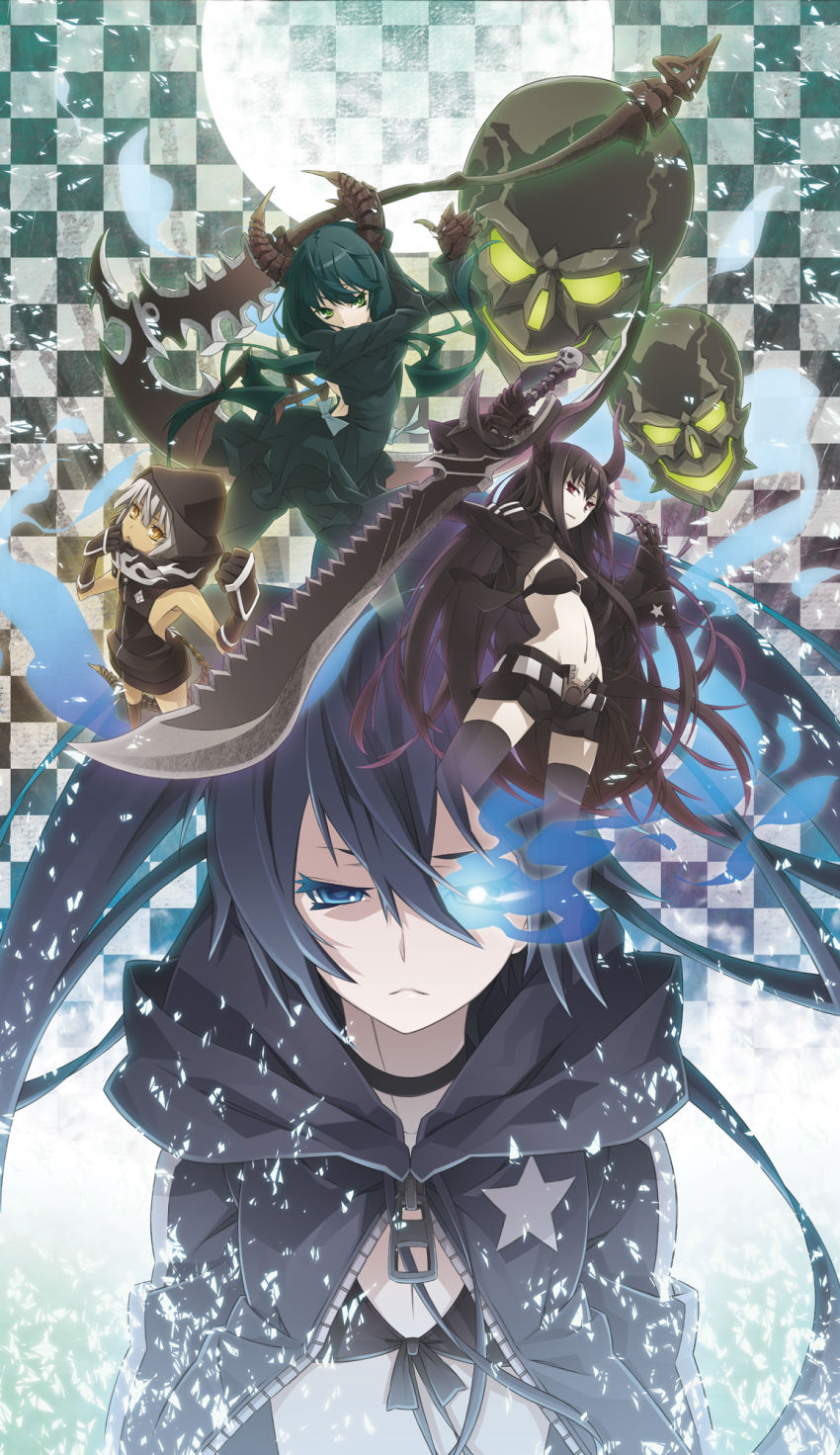 4girls bikini black_coat black_dress black_gloves black_gold_saw black_hair black_horns black_jacket black_leggings black_rock_shooter black_rock_shooter_(character) black_shorts blue_eyes blue_fire coat dark-skinned_female dark_skin dead_master dress fire flame_print flaming_eye floating_skull front-tie_top gloves glowing glowing_eye green_eyes highres hood hooded_coat hoodie horns jacket king_saw leggings long_hair medium_hair multiple_girls open_clothes open_coat open_jacket orange_eyes pale_skin red_eyes scythe short_hair shorts skeletal_hand skull strength_(black_rock_shooter) swimsuit sword twintails uneven_twintails weapon white_hair yamanami_kousuke