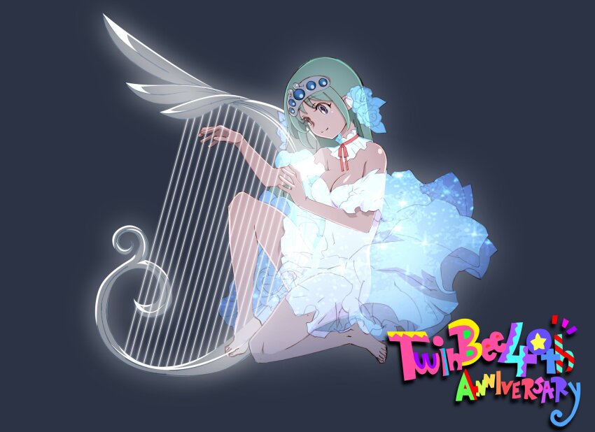 1girl bare_shoulders barefoot blue_eyes breasts choker cleavage closed_mouth commentary_request copyright_name dress english_text feet flower frilled_choker frills full_body green_hair grey_background hair_flower hair_ornament hamakawa_shuujirou harp head_tilt highres instrument long_hair medium_breasts music off-shoulder_dress off_shoulder on_one_knee playing_instrument princess_melora red_choker rose see-through_clothes see-through_dress simple_background smile solo sparkle tiara toes twinbee white_dress white_flower white_rose