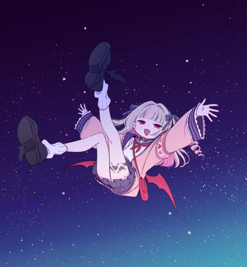 1girl absurdres armband bag black_shoes blue_sailor_collar blue_skirt brown_hair colored_inner_hair demon_wings dress fang floating hair_intakes hair_ribbon highres jacket kneehighs leg_tattoo long_hair makaino_ririmu makaino_ririmu_(4th_costume) miniskirt mopyo multicolored_hair neckerchief night night_sky nijisanji open_mouth pink_eyes pink_hair pink_jacket pleated_dress red_neckerchief ribbon sailor_collar school_uniform serafuku shirt shoes shoulder_bag skirt sky smile socks solo star_(sky) starry_sky streaked_hair tattoo two-tone_background two-tone_hair virtual_youtuber white_shirt winged_heart_tattoo wings