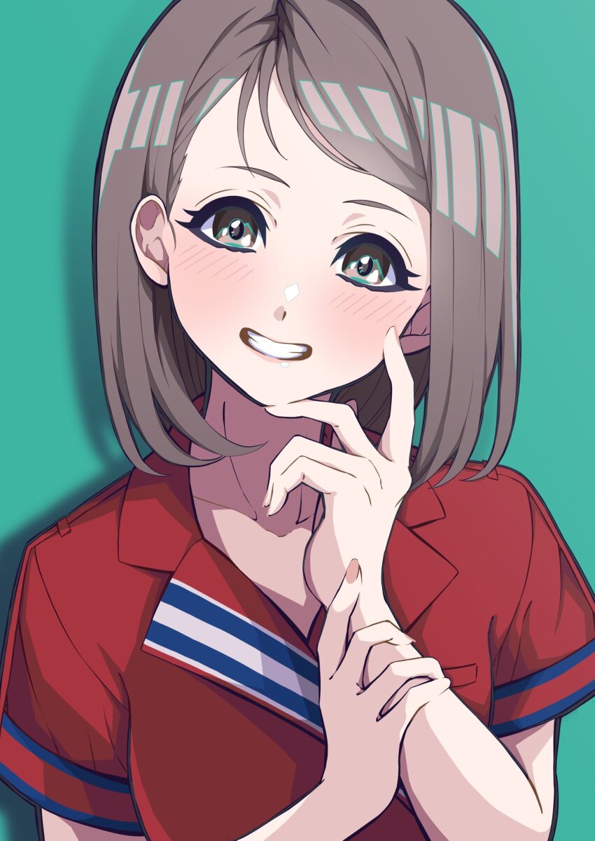 1girl 22/7 asymmetrical_hair blush collared_dress dress green_background grey_eyes grey_hair grin hand_on_own_cheek hand_on_own_face highres hiiragi_tsubomi holding_own_arm lionmaru0808 looking_at_viewer medium_hair nani_mo_shiteagerarenai portrait red_dress short_sleeves simple_background smile solo teeth