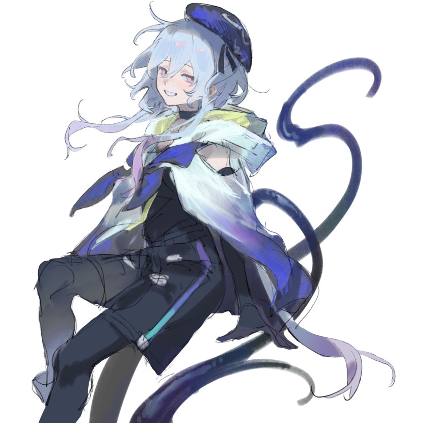 1boy arknights black_boots black_pantyhose black_shirt black_shorts blue_cape blue_hair blue_hat boots cape feet_out_of_frame grin hat highres hood hood_down hooded_cape huidu male_focus mizuki_(arknights) pantyhose pantyhose_under_shorts pink_eyes purple_hair shirt short_hair_with_long_locks shorts simple_background smile solo white_background