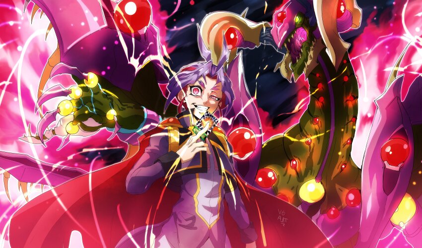 1boy absurdres cape card dragon forehead_jewel green_eyes half-closed_eye highres holding holding_card jacket joeri_(yu-gi-oh!) male_focus purple_eyes purple_hair purple_jacket red_cape sharp_teeth slit_pupils smirk starving_venom_fusion_dragon super_polymerization teeth trading_card upper_body vincent_graphic_art yu-gi-oh! yu-gi-oh!_arc-v