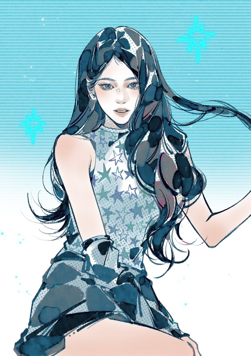 1girl aespa black_hair blue_background blue_theme commentary eyeshadow highres long_hair looking_at_viewer makeup mascara ningning_(aespa) parted_lips real_life simple_background sleeveless solo star_(symbol) star_print turtleneck yuanwei_shaoya
