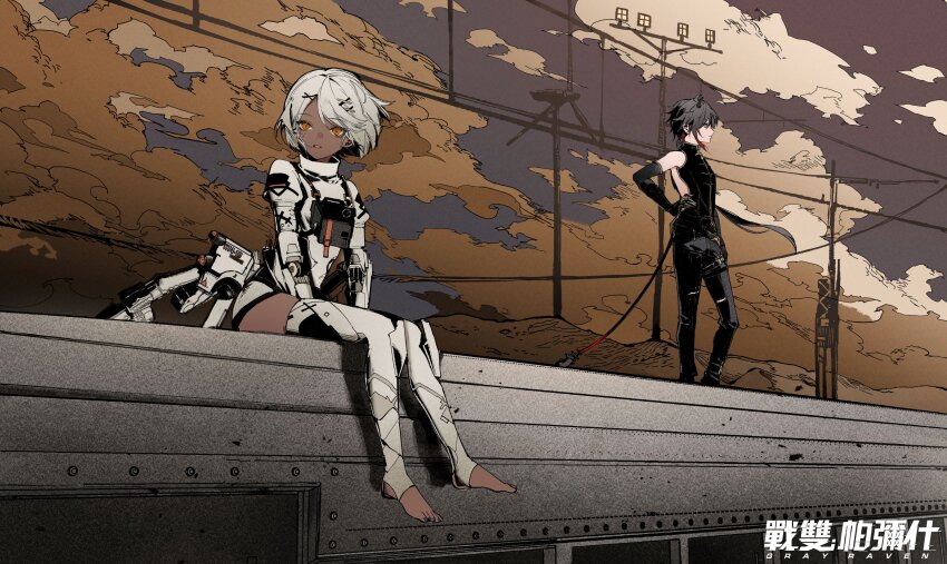 1boy 1girl absurdres black_hair black_pants black_shirt bodysuit changyu_(pgr) changyu_(punishing:_gray_raven) chinese_clothes dark-skinned_female dark_skin exoskeleton grey_bodysuit grey_hair grey_thighhighs hair_ornament highres joints long_hair mechabare mechanical_arms medium_hair orange_eyes pants parted_lips ponytail punishing:_gray_raven red_eyes red_hair robot_joints secretfj520 shirt sitting sophia_(pgr) thighhighs x_hair_ornament