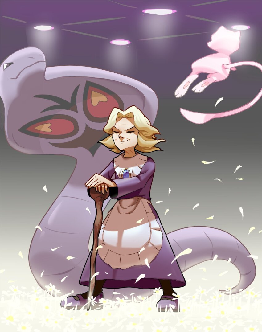 1girl agatha_(pokemon) apron arbok blonde_hair cane ceiling closed_eyes closed_mouth commentary_request dress ffccll flipped_hair gen_1_pokemon highres holding holding_cane legendary_pokemon long_sleeves medium_hair mew_(pokemon) mythical_pokemon nintendo own_hands_together pokemon pokemon_(creature) pokemon_frlg purple_dress shoes smile standing waist_apron white_apron