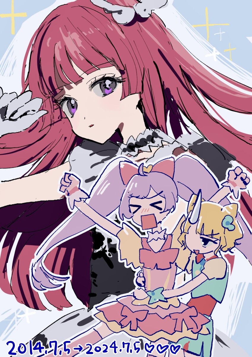 &gt;_&lt; blonde_hair blunt_bangs bow closed_eyes cone_hair_bun dated dress gloves hair_bow hair_bun hand_up highres hojo_sophy idol_clothes long_hair manaka_laala minami_mirei okomeiro open_mouth outstretched_arms pink_dress pink_gloves pretty_series pripara purple_eyes purple_hair red_hair short_hair smile spread_arms standing sweatdrop twintails very_long_hair white_gloves