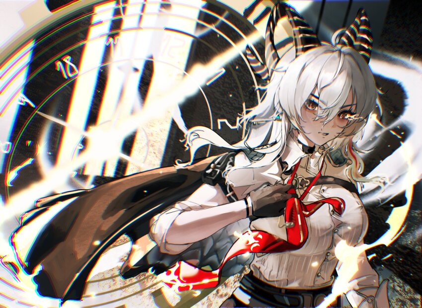 1girl adjusting_clothes adjusting_necktie arm_pouch black_eyes black_horns black_pouch breasts chest_harness chromatic_aberration commentary curled_horns earrings grey_hair hair_between_eyes harness hashtag-only_commentary heavy_chromatic_aberration highres horns jewelry key_earrings large_breasts long_hair looking_at_viewer minglu_(gululu) multicolored_eyes multicolored_hair necktie parted_lips red_eyes red_necktie shirt shirt_tucked_in solo streaked_hair two-tone_eyes upper_body white_shirt wuthering_waves zani_(wuthering_waves)