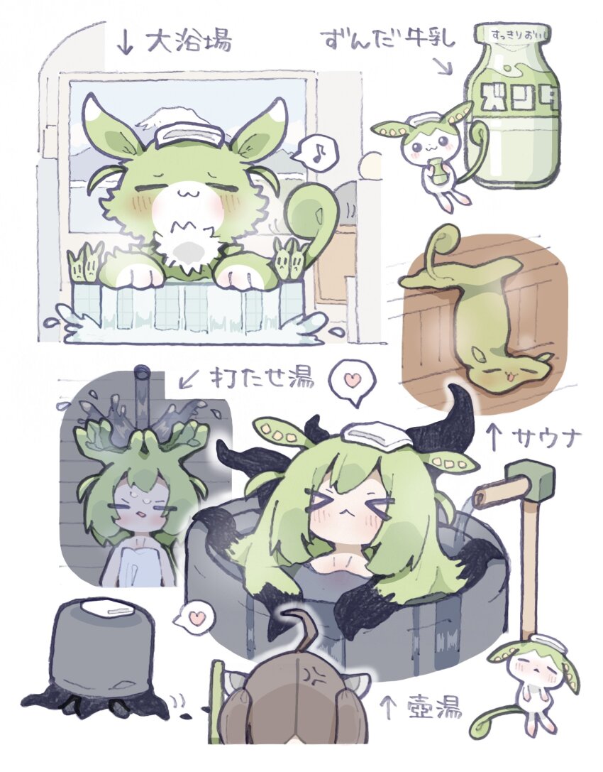 &gt;_&lt; 2girls :&lt; :3 absurdres ahoge anger_vein arrow_(symbol) basin bathhouse bathing blush bottle brown_hair bucket china_dress chinese_clothes closed_eyes closed_mouth commentary_request creature creature_and_personification dress eighth_note extra_hands green_hair heart highres holding holding_bottle hot long_hair melting milk milk_bottle motion_lines multiple_girls multiple_views musical_note naked_towel nikamoka open_mouth overflowing overflowing_bath parted_hair personification prehensile_hair sauna smile spoken_heart spoken_musical_note tentacle_hair tentacles touhoku_kiritan towel towel_on_head translation_request twintails very_long_hair voiceroid voicevox zundamon zundamon_(utau)