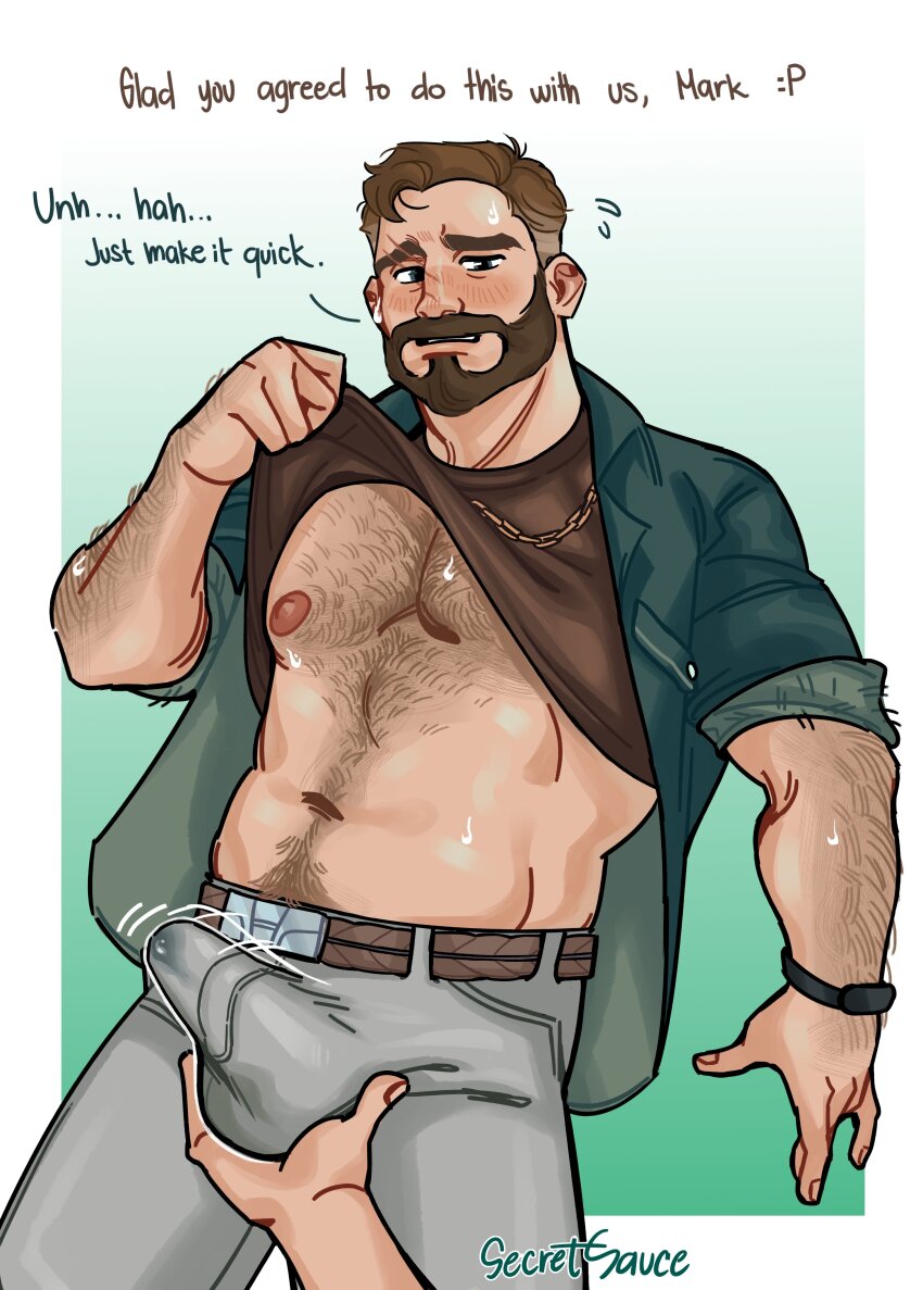 1boy 55sauce55 absurdres arm_hair bara bare_pectorals beard belly blush brown_hair bulge chain chain_necklace coral_island cowboy_shot crotch_grab english_text erection erection_under_clothes facial_hair full_beard hairy highres jewelry lifting_own_clothes looking_at_viewer male_focus mark_(coral_island) muscular muscular_male necklace nervous_sweating nipples pants pectorals pov pov_hands precum precum_through_clothes short_hair smile solo_focus sweat thick_beard thick_chest_hair thick_navel_hair very_hairy