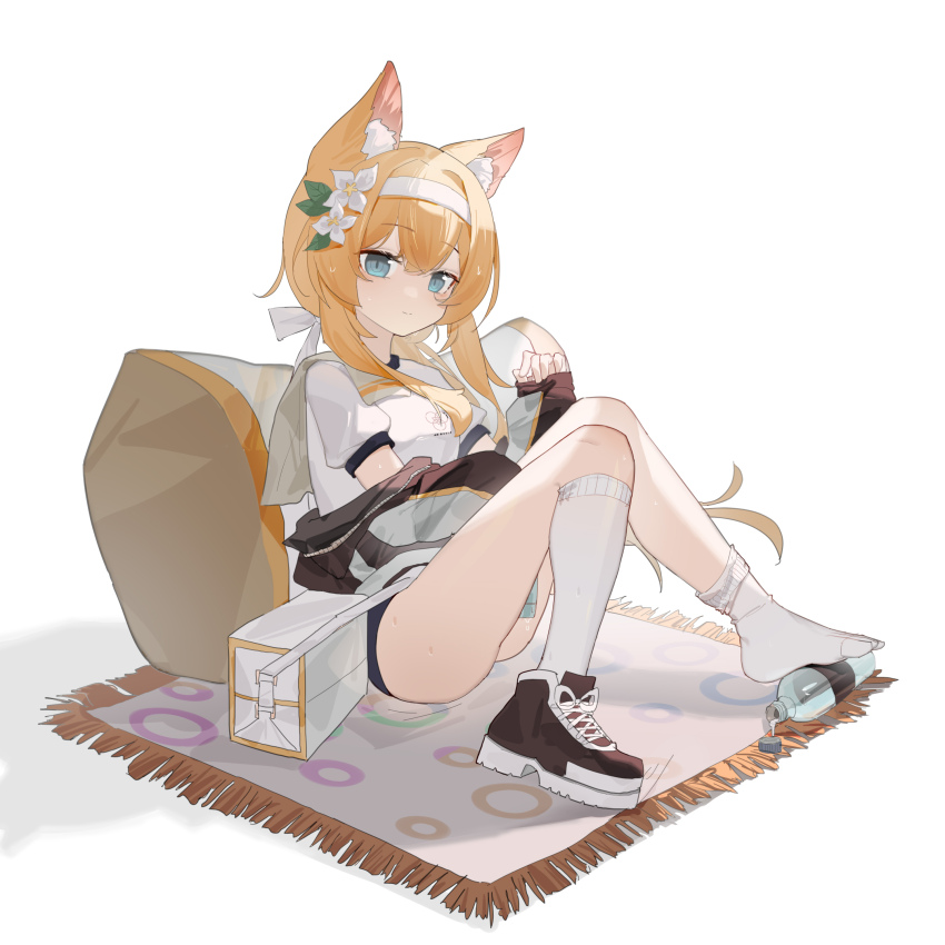1girl absurdres animal_ear_fluff animal_ears black_shoes blue_archive blue_eyes bottle buruma closed_mouth flower hair_flower hair_ornament hair_ribbon hairband highres jacket jacket_partially_removed kele_mimi kneehighs kneehighs_pull left_shoe_removed long_hair looking_at_viewer mari_(blue_archive) mari_(track)_(blue_archive) orange_hair ribbon shirt shoes simple_background single_shoe sneakers socks solo track_jacket unworn_shoes white_background white_flower white_hairband white_ribbon white_shirt white_socks