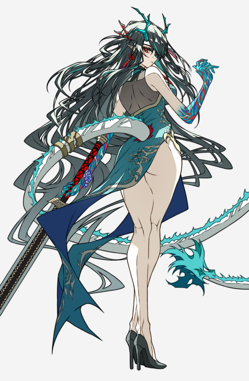 1girl absurdres aqua_horns arknights ass china_dress chinese_clothes colored_skin commentary curvy dragon_girl dragon_horns dragon_tail dress dusk_(arknights) dusk_(everything_is_a_miracle)_(arknights) eastern_dragon_tail fire flame-tipped_tail gradient_skin green_horns han_jian_(weapon) high_heels highres holding holding_sword holding_weapon horns looking_back multicolored_hair pointy_ears shokikanes solo streaked_hair sword tail weapon
