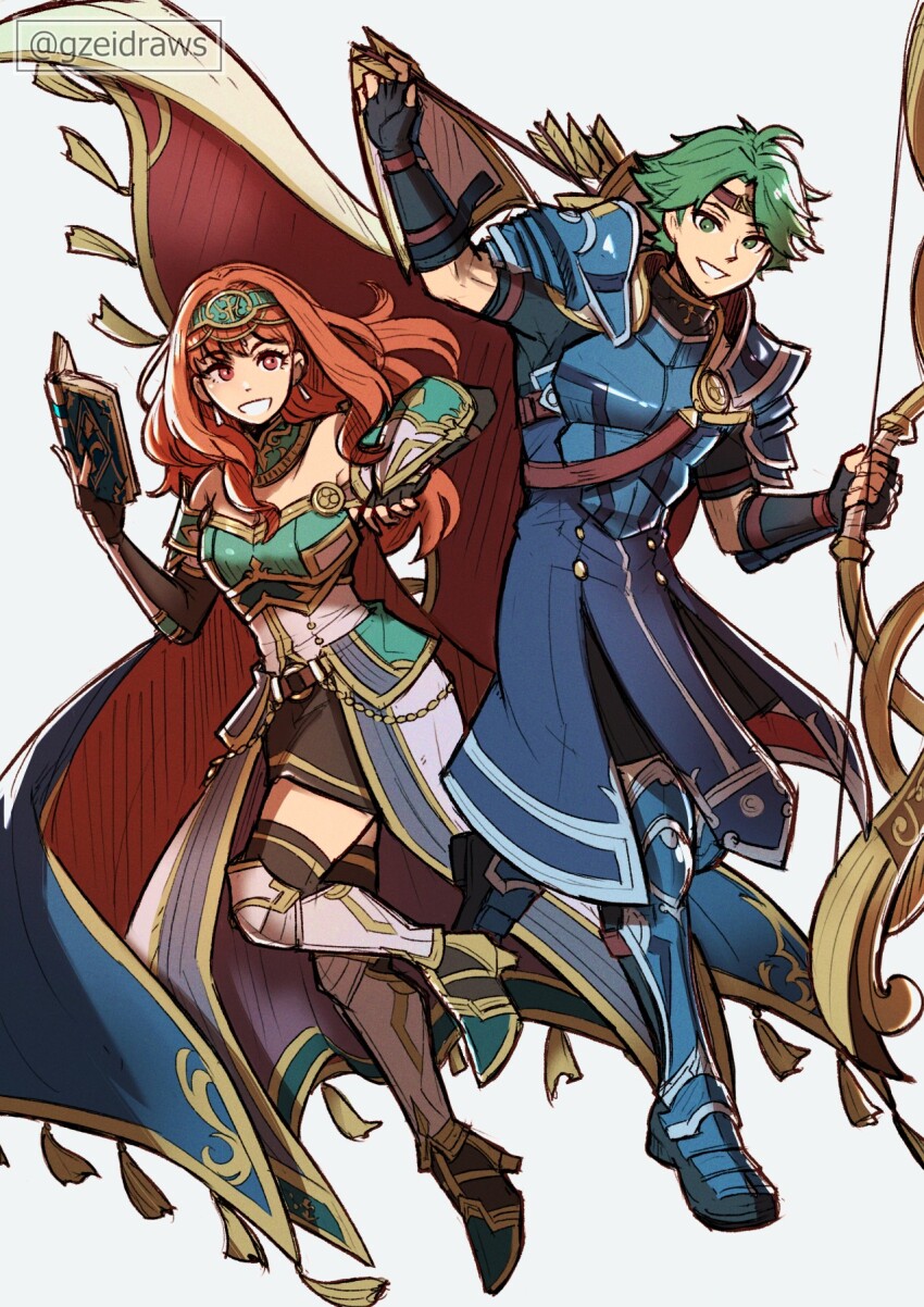 1boy 1girl alm_(fire_emblem) alm_(powerful_resolve)_(fire_emblem) armor armored_boots arrow_(projectile) black_skirt black_thighhighs blue_armor blue_dress book boots bow_(weapon) breastplate breasts buckler cape celica_(fire_emblem) celica_(valentia&#039;s_hope)_(fire_emblem) choker couple dress earrings fingerless_gloves fire_emblem fire_emblem_echoes:_shadows_of_valentia fire_emblem_heroes gauntlets gloves green_armor green_eyes green_hair gzei hetero highres holding holding_book holding_bow_(weapon) holding_weapon jewelry long_hair medium_breasts nintendo official_alternate_costume orange_eyes orange_hair prince princess quiver red_eyes red_hair shield short_hair skirt smile thighhighs tiara weapon white_dress