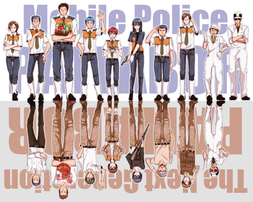 4girls 6+boys absurdres annotated asuka_(junerabitts) bad_id bad_pixiv_id bird black_hair blue_hair brown_hair chicken different_reflection ekaterina_krachevna_kankaeva food gotou_kiichi gotouda_keiji gun highres izumi_noa izumino_akira kanuka_clancy kidou_keisatsu_patlabor long_hair maria_(victorian_maid_maria_no_houshi) mikiya_shinji multiple_boys multiple_girls nagumo_shinobu necktie oodawara_isamu oota_isao red_hair reflection sakaki_seitarou shiba_shigeo shinohara_asuma shinshi_mikiyasu shiobara_yuuma short_hair the_next_generation_-patlabor- uniform vegetable weapon yamazaki_hiromi yamazaki_hiromichi