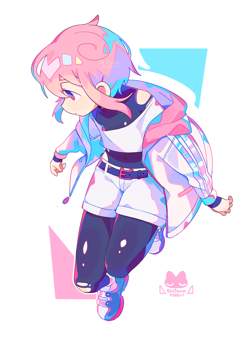 1boy absurdres artist_logo belt commentary_request floating from_above from_side highres jacket jumping logo male_focus open_clothes open_shirt original pantyhose pantyhose_under_shorts pink_eyes pink_hair raito-kun_(uenomigi) shiny_clothes shorts sidelocks thighs track_jacket trap uenomigi white_background white_shorts
