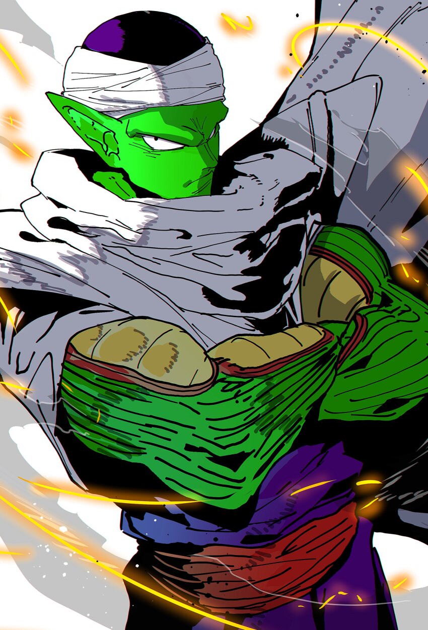1boy absurdres cape closed_mouth colored_skin commentary cowboy_shot crossed_arms dragon_ball embers green_skin highres isaacchief300 jumpsuit looking_at_viewer male_focus piccolo pointy_ears purple_jumpsuit sash shoulder_pads solo turban