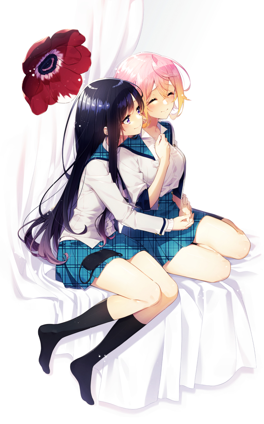2girls ^_^ black_hair black_legwear blonde_hair blue_sailor_collar blue_skirt blush breasts brown_hair closed_eyes closed_mouth collarbone collared_shirt commentary_request curtains dress_shirt eye_mask flower gradient_hair hair_between_eyes highres hug hug_from_behind long_sleeves mask medium_breasts multicolored_hair multiple_girls no_shoes open_clothes open_shirt original plaid_clothes plaid_sailor_collar plaid_skirt purple_eyes red_flower sailor_collar sakuragi_ren shirt sitting skirt sleeves_past_wrists smile socks unmoving_pattern unworn_mask white_background white_shirt yokozuwari yuri