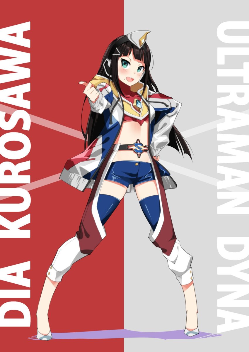1girl belt black_hair blush breasts character_name color_timer commentary cosplay crossover english_text full_body green_eyes grey_background hair_ornament hand_on_own_hip headphones highres hime_cut jacket kurosawa_dia long_hair looking_at_viewer love_live! love_live!_sunshine!! midriff mole mole_under_mouth red_background sasanon_(sasapoliton) short_shorts shorts sidelocks small_breasts solo standing thumbs_up two-tone_background ultra_series ultraman_dyna ultraman_dyna_(cosplay) ultraman_dyna_(flash_type) ultraman_dyna_(series) white_footwear