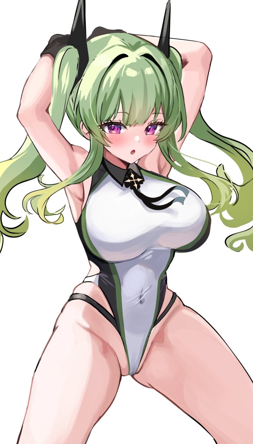 1girl armpits arms_behind_head arms_up azur_lane black_gloves blonde_hair blush breasts cameltoe covered_navel gloves gradient_hair green_hair groin hair_intakes highres katsushika_pachi large_breasts long_hair looking_at_viewer maggiore_baracca_(azur_lane) multicolored_hair one-piece_swimsuit parted_lips purple_eyes sidelocks simple_background solo spread_legs standing swimsuit twintails white_background white_one-piece_swimsuit