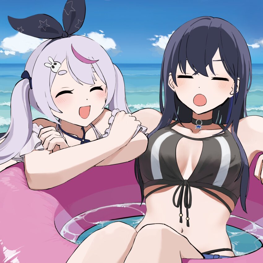 2girls arm_rest bare_shoulders bikini black_bikini black_hair blue_sky bow breasts cattleya_regina_games cleavage closed_eyes cloud dot_nose frilled_bikini frills front-tie_bikini_top front-tie_top grey_hair hair_between_eyes hair_bow hair_ribbon hairband highres ichinose_uruha ichinose_uruha_(summer_c102) lupinus_virtual_games mmsnc1999 multicolored_hair multiple_girls navel ocean on_innertube open_mouth outdoors parted_bangs partially_submerged pendant_choker ribbon sky streaked_hair swimsuit thick_eyebrows tosaki_mimi tosaki_mimi_(summer_c102) twintails virtual_youtuber vspo!