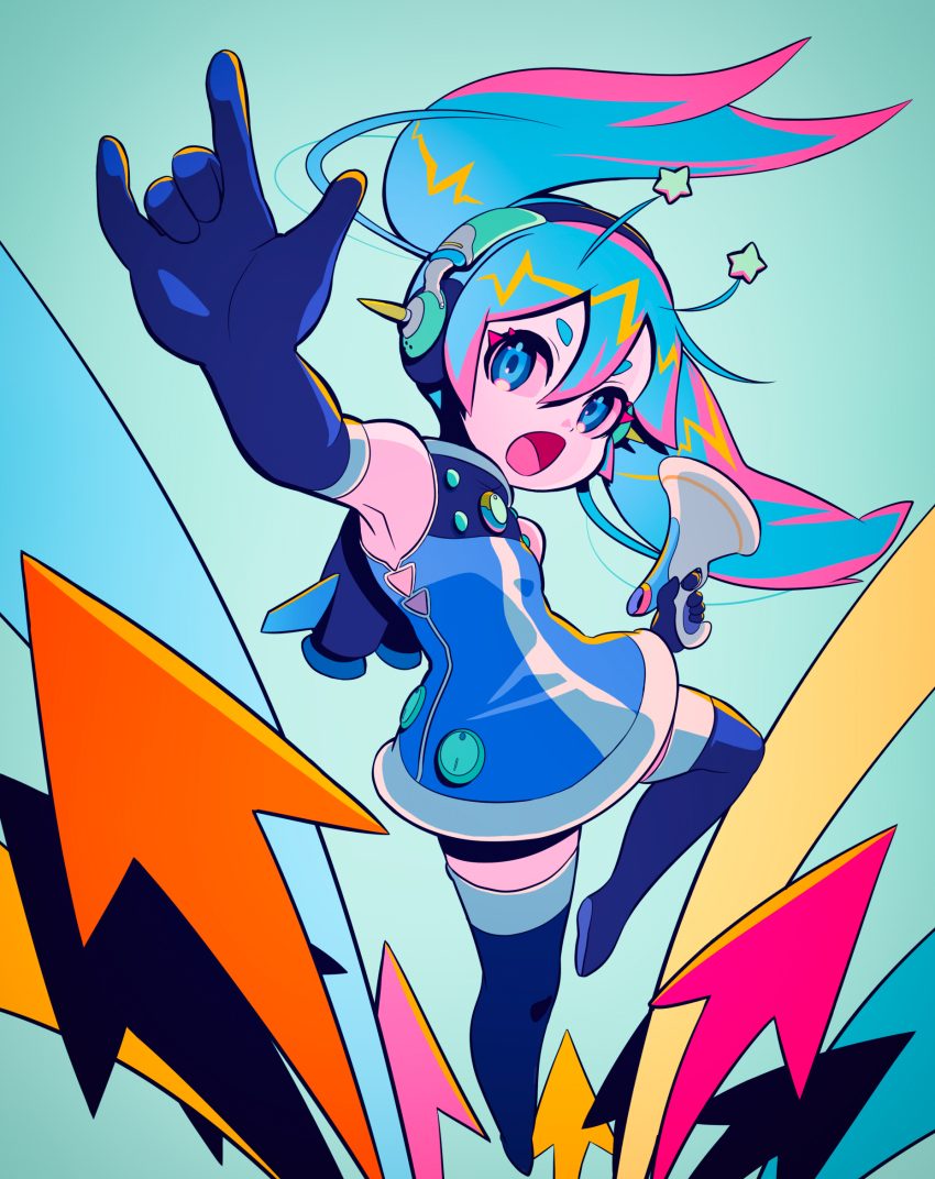1girl akai_kuro antennae arrow_(symbol) blue_background blue_boots blue_dress blue_eyes blue_gloves blue_hair blue_theme boots breasts dress energy_gun gloves gun hatsune_miku headset highres holding holding_gun holding_weapon jetpack jumping long_hair looking_at_viewer m/ open_mouth ray_gun sleeveless sleeveless_dress small_breasts star_(symbol) thigh_boots twintails vocaloid weapon