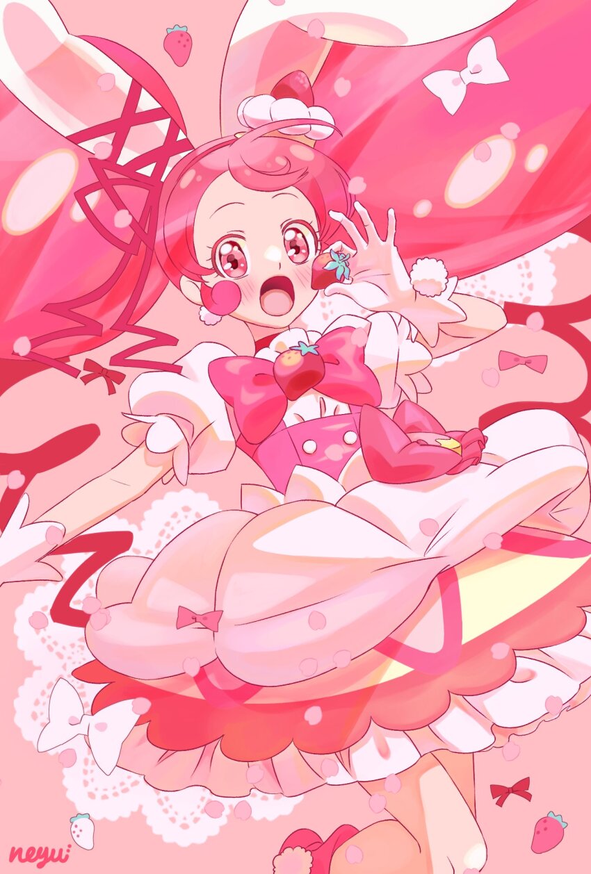 1girl animal_ears blush boots cure_whip dress food frilled_dress frilled_skirt frilled_sleeves frills fruit gloves hair_ornament highres holding holding_food holding_fruit kirakira_precure_a_la_mode lace lace_trim long_hair looking_at_viewer open_mouth parted_bangs pink_background pink_boots pink_dress pink_eyes pink_hair precure rabbit_ears ribbon short_sleeves signature skirt solo solo_focus strawberry strawberrylove2525 twintails upper_body usami_ichika very_long_hair white_gloves