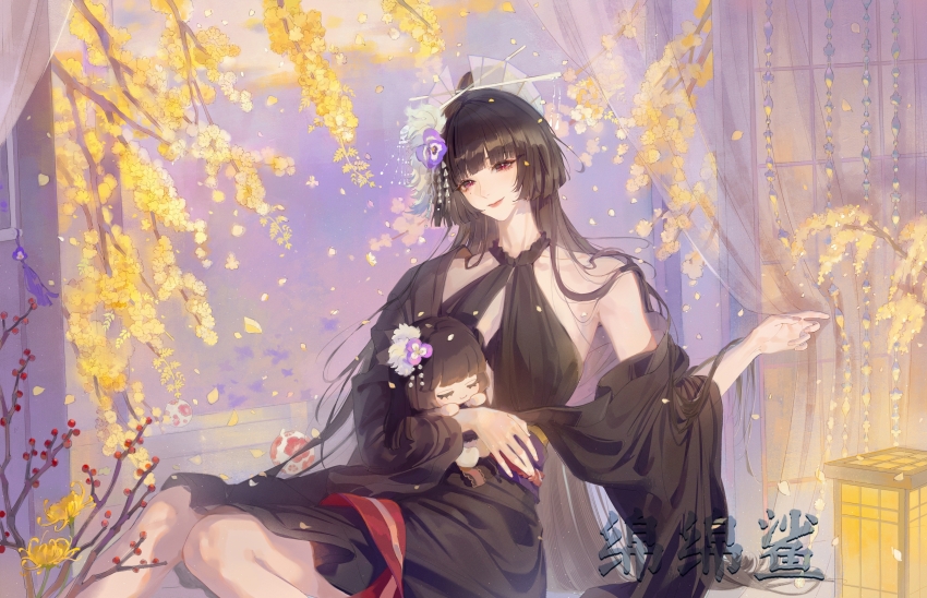 1girl absurdres ball bare_legs black_dress black_hair blunt_bangs blunt_ends character_doll chinese_commentary cocktail_dress collarbone commentary commission commissioner_name curtains dress falling_petals feet_out_of_frame flower hair_flower hair_ornament hair_stick highres hime_cut hugging_doll hugging_object indoors lantern lips long_hair luori_dianxin mole mole_under_eye official_alternate_costume pansy path_to_nowhere petals purple_sash red_eyes sash second-party_source see-through_curtains single_bare_shoulder single_off_shoulder sliding_doors smile solo straight_hair sumire_(moonrise_fondness)_(path_to_nowhere) sumire_(path_to_nowhere) temari_ball very_long_hair yellow_flower yellow_petals