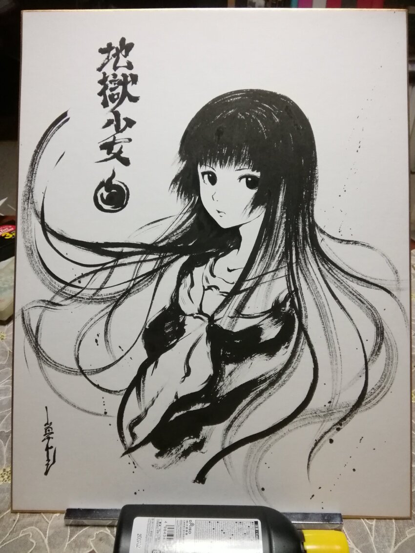 1girl calligraphy_brush_(medium) commentary_request enma_ai expressionless floating_hair highres hime_cut jigoku_shoujo long_hair looking_at_viewer monochrome photo_(medium) school_uniform serafuku solo yamada_satoshi