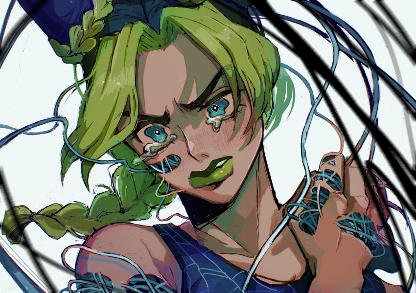 &gt;:( 1girl angry black_hair braid braided_ponytail clenched_teeth crying crying_with_eyes_open double_bun green_eyes green_hair green_lips hair_bun hand_on_own_shoulder highres jojo_no_kimyou_na_bouken kuujou_jolyne lipstick makeup medium_hair multicolored_hair natchan_blue_(nanairopenki) open_mouth solo stone_free string tank_top tears teeth two-tone_hair unraveling v-shaped_eyebrows wavy_eyes