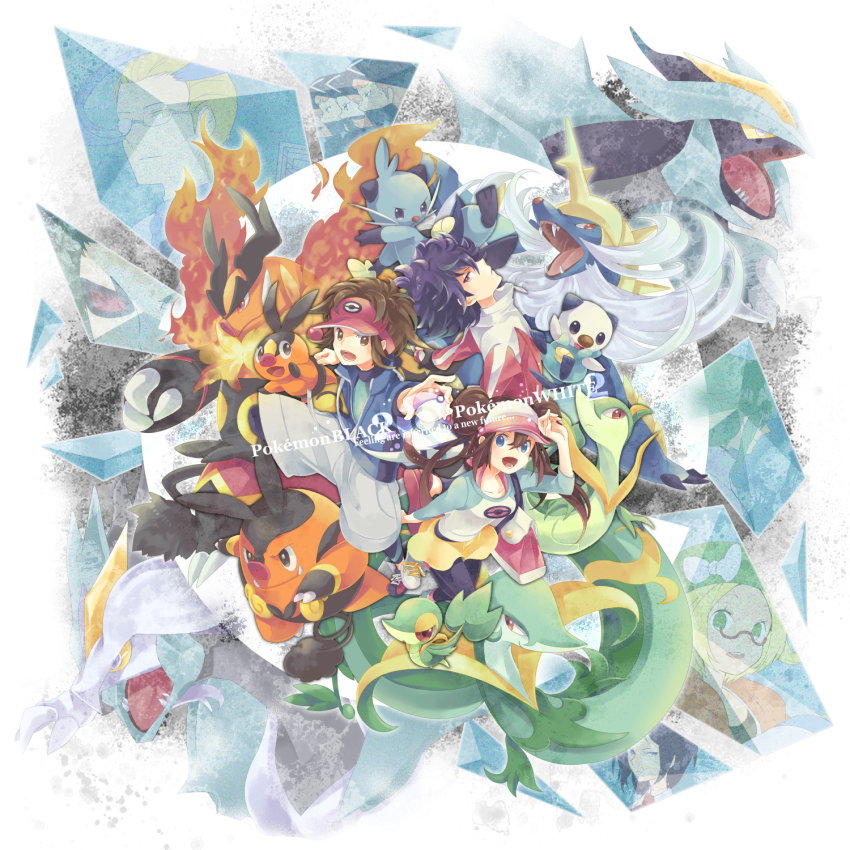 10s 1girl 2boys azurebloom bag bianca_(pokemon) black_hair black_kyurem black_leggings black_pantyhose brown_hair cheren_(pokemon) colress_(pokemon) copyright_name dewott donut_hair_bun double_bun emboar english_text gen_5_pokemon ghetsis_(pokemon) hair_bun highres hugh_(pokemon) jacket kyurem legendary_pokemon leggings miniskirt multiple_boys n_(pokemon) nate_(pokemon) nintendo oshawott pantyhose pignite pokemon pokemon_(creature) pokemon_bw2 raglan_sleeves rosa_(pokemon) samurott serperior servine shoes shoulder_bag skirt sneakers snivy starter_pokemon_trio team_plasma team_plasma_grunt tepig visor_cap white_kyurem