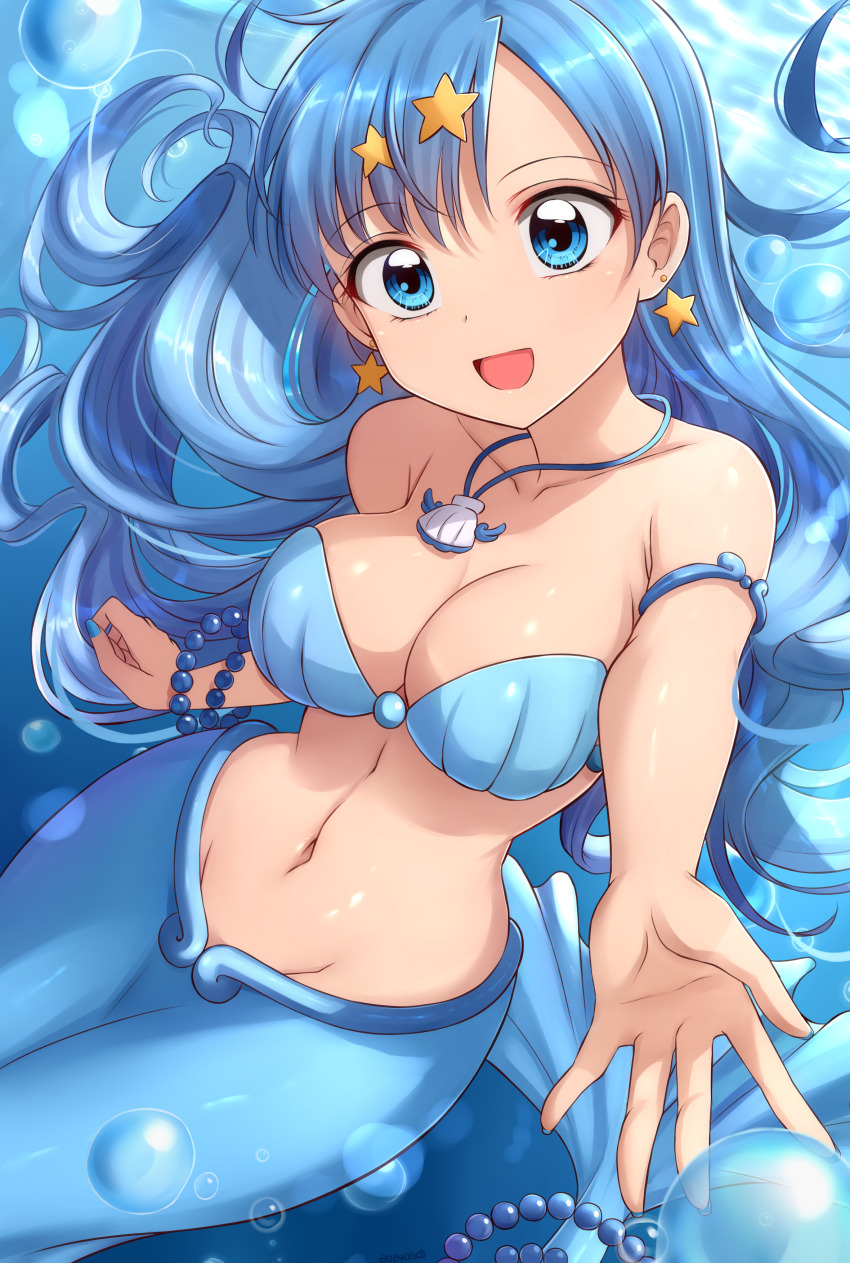 1girl :d absurdres air_bubble bare_shoulders bead_tail_ornament bikini blue_eyes blue_hair blue_nails bracelet breasts bubble cleavage collarbone commentary_request dated_commentary earrings groin hair_between_eyes hair_ornament highres houshou_hanon houshou_hanon_(mermaid) jewelry large_breasts long_hair looking_at_viewer mermaid mermaid_melody_pichi_pichi_pitch monster_girl nail_polish navel necklace open_mouth pearl_bracelet shell shell_bikini shell_necklace sidelocks skywalker0610 smile solo star_(symbol) star_earrings star_hair_ornament stomach tail tail_ornament underwater
