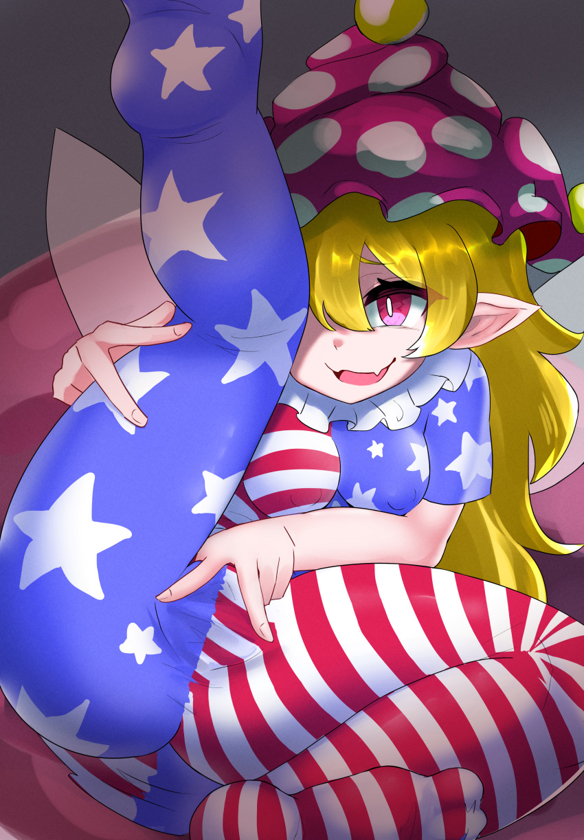 absurdres american_flag_dress american_flag_legwear blonde_hair breasts clownpiece covered_erect_nipples fang gesususi hat highres jester_cap long_hair medium_breasts pointy_ears skin_fang spread_pussy spread_pussy_under_clothes touhou