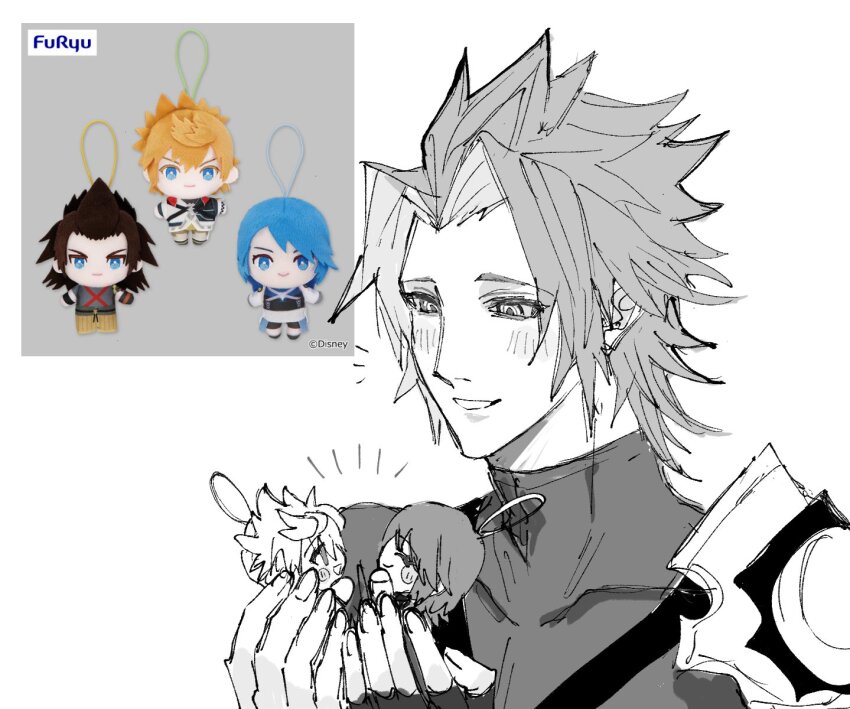 1girl 2boys aqua_(kingdom_hearts) armor arms_up blush_stickers character_doll chibi closed_eyes commentary_request doll fingerless_gloves gloves greyscale grin hair_intakes hands_up happy highres holding holding_chibi holding_doll kingdom_hearts kingdom_hearts_birth_by_sleep light_blush looking_down male_focus monochrome mtr_dayoo multiple_boys notice_lines open_mouth pauldrons photo_inset shirt short_hair shoulder_armor shoulder_strap single_fingerless_glove single_pauldron smile spiked_hair terra_(kingdom_hearts) tight_clothes tight_shirt turtleneck turtleneck_shirt ventus_(kingdom_hearts) white_background