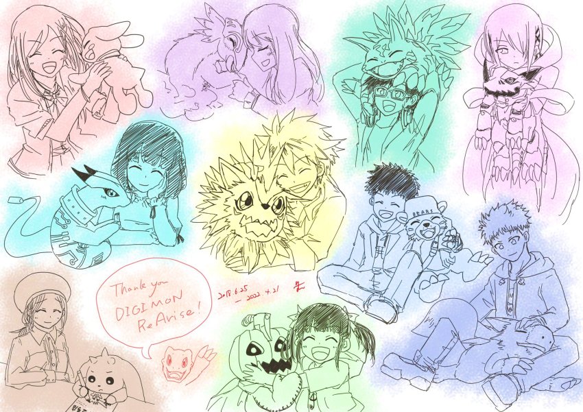 agumon axe bearmon digimon digimon_rearise dog dorumon elecmon hackmon_(digimon) hat headpat herissmon highres hiiragi_takumi holy_ring horn hug kohinata_mayu kudamon_(digimon_savers) lopmon male_protagonist_(digimon_rearise) mon_(digimon_rearise) natsuyagi_kazuma plotmon pumpkin pumpmon rabbit shinjo_michi shinkai_sara smile tamada_keito tamada_nozomi tsukimori_chihiro