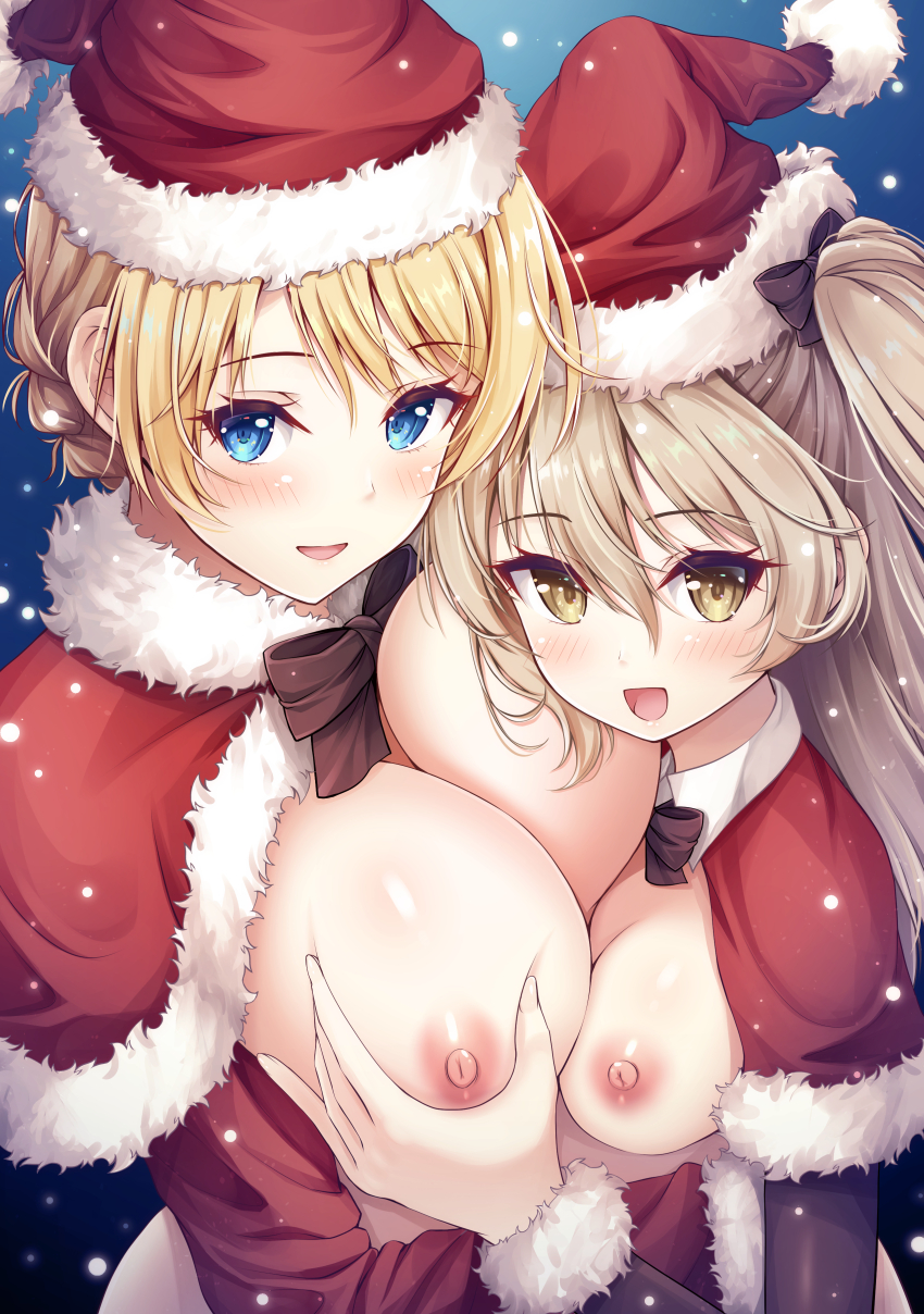 2girls absurdres akashio_(loli_ace) asymmetrical_docking black_bow black_bowtie blonde_hair blue_eyes blush bow bowtie braid breast_press brown_eyes brown_hair capelet commentary_request darjeeling_(girls_und_panzer) from_side fur-trimmed_capelet fur_trim girls_und_panzer grabbing_another&#039;s_breast groping hat highres long_hair long_sleeves looking_at_viewer multiple_girls nipples one_side_up open_mouth partial_commentary red_capelet red_hat santa_costume santa_hat shimada_arisu short_hair smile snowing