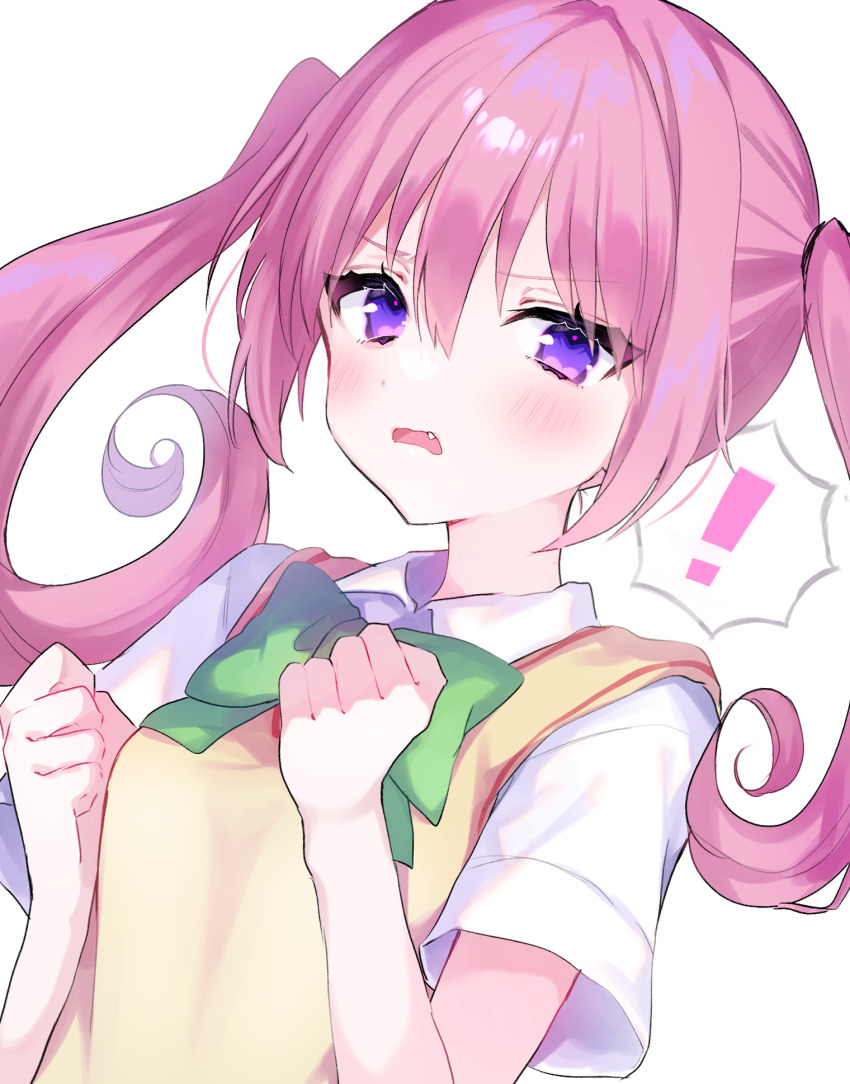 ! 1girl beni_0214 bow bowtie breasts commentary fang green_bow green_bowtie hands_up highres long_hair looking_at_viewer nana_asta_deviluke open_mouth pink_hair purple_eyes sainan_high_school_uniform school_uniform short_sleeves simple_background small_breasts solo spoken_exclamation_mark sweater_vest to_love-ru twintails upper_body vest white_background yellow_sweater_vest yellow_vest
