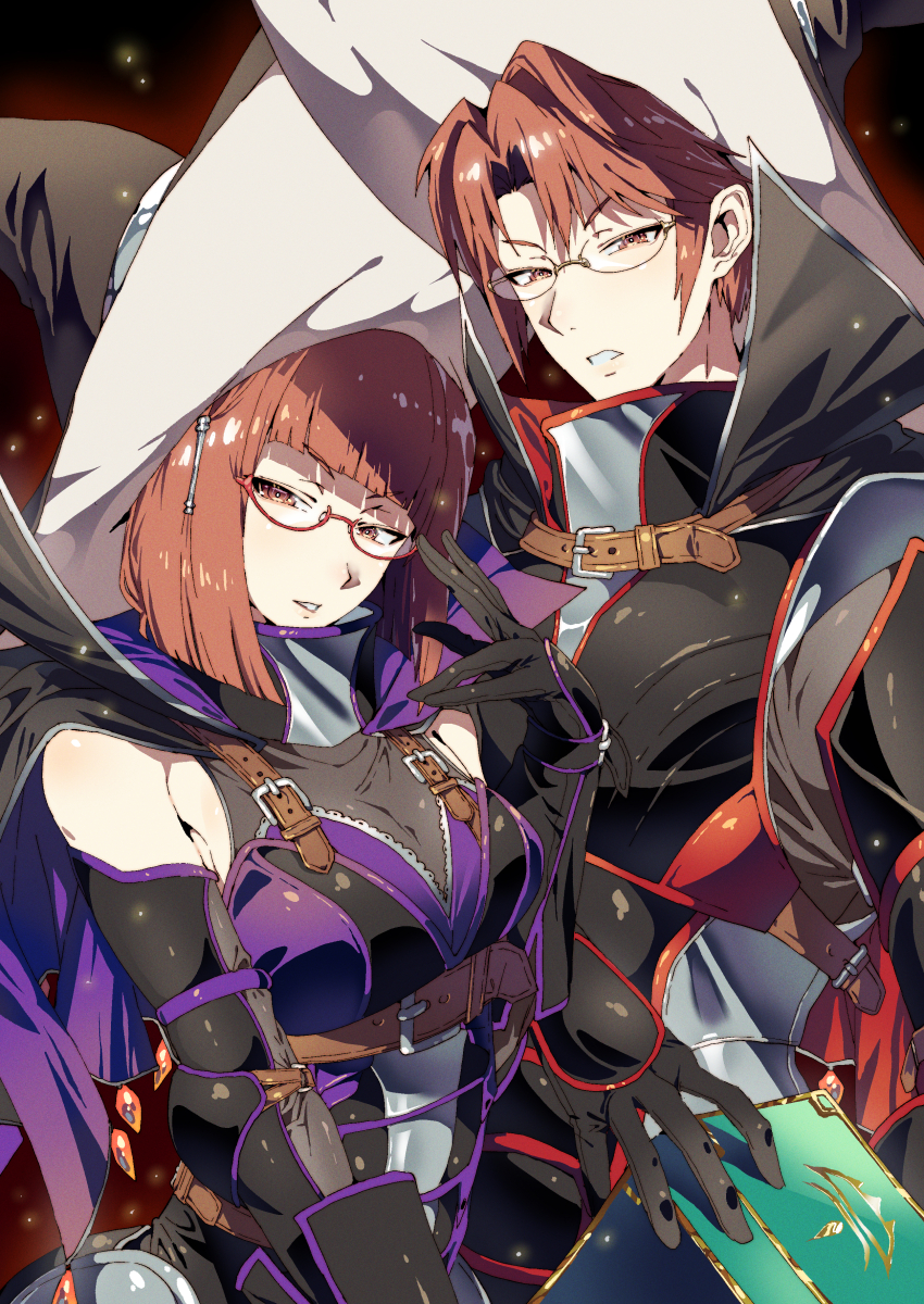 1boy 1girl absurdres alternate_costume breasts diagonal_bangs fire_emblem fire_emblem_awakening hair_tubes hat highres large_breasts laurent_(fire_emblem) miriel_(fire_emblem) mother_and_son nintendo red-framed_eyewear tsujii_luki witch_hat