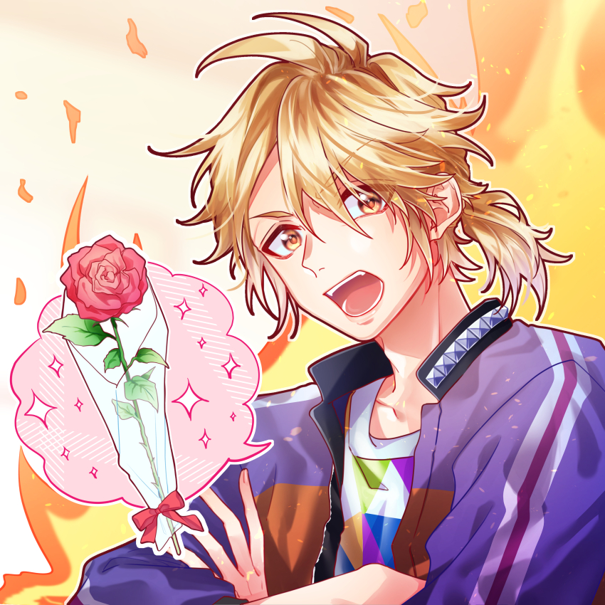 1boy absurdres blonde_hair commentary eyes_visible_through_hair flower hair_between_eyes highres jacket kokuhaku_jikkou_iinkai leaf looking_at_viewer male_focus multicolored_background multicolored_jacket multicolored_shirt open_clothes open_jacket open_mouth orange_background orange_jacket pink_background pink_flower pink_ribbon pink_rose ponytail purple_jacket ribbon rose shibasaki_aizou shirt short_hair short_ponytail solo sophia_pie_12 spoken_flower spoken_object striped_clothes striped_jacket surprised t-shirt teeth upper_body white_shirt yellow_background yellow_eyes