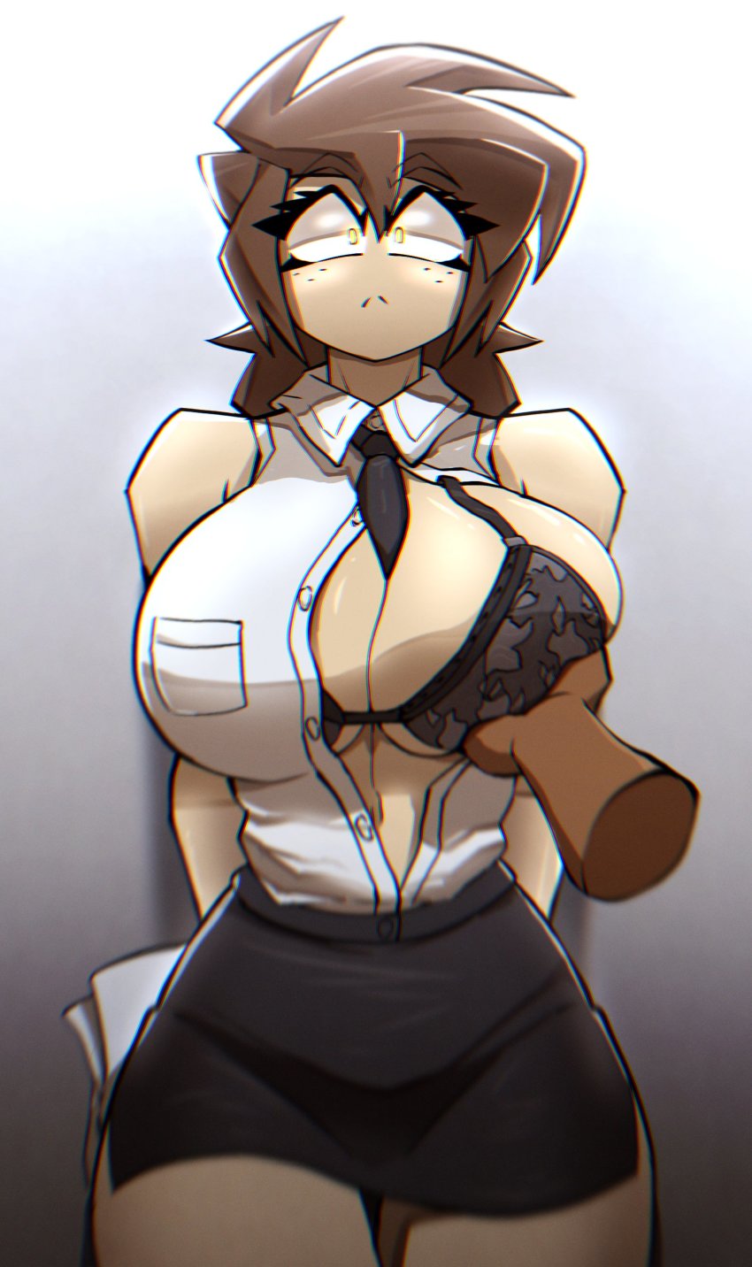 1girl :&lt; absurdres against_wall arms_behind_back between_breasts black_necktie black_skirt blouse blurry bra breasts brown_hair cleavage commentary constricted_pupils depth_of_field english_commentary freckles grey_bra groping hado_(zzzhadozzz) highres huge_breasts interracial kyurby_(hado_(zzzhadozzz)) medium_hair miniskirt mullet narrow_waist navel necktie necktie_between_breasts office_lady one_breast_out original pencil_skirt pov pov_hands raised_eyebrows shirt skirt sleeveless sleeveless_shirt solo_focus thick_thighs thigh_gap thighs unbuttoned unbuttoned_shirt underwear yellow_eyes