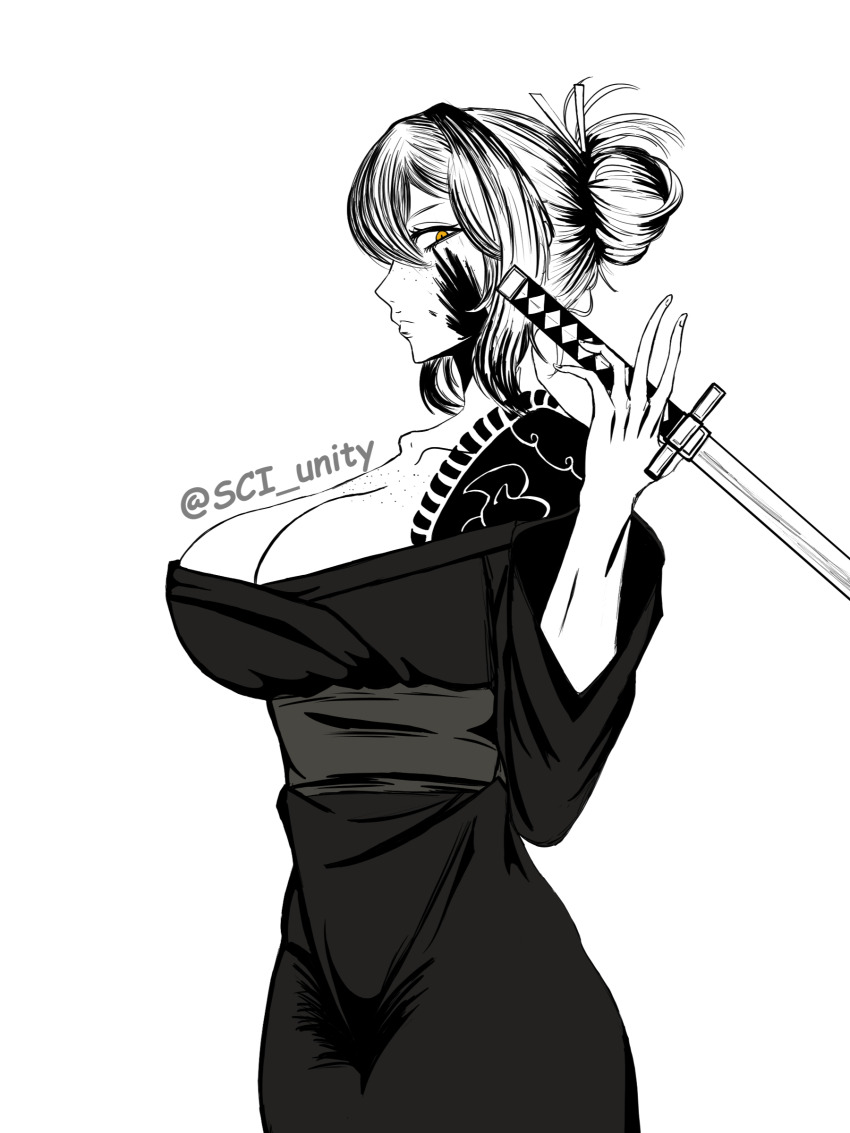 absurdres arm_tattoo bad_source black_kimono blood blood_on_face breasts cloud_tattoo from_side highres holding holding_sword holding_weapon ishmael_(project_moon) japanese_clothes katana kimono kurokumo_clan_(identity)_(project_moon) large_breasts library_of_ruina limbus_company project_moon sayo_(project_moon) sci_unity shoulder_tattoo sword tattoo weapon wide_hips yellow_eyes