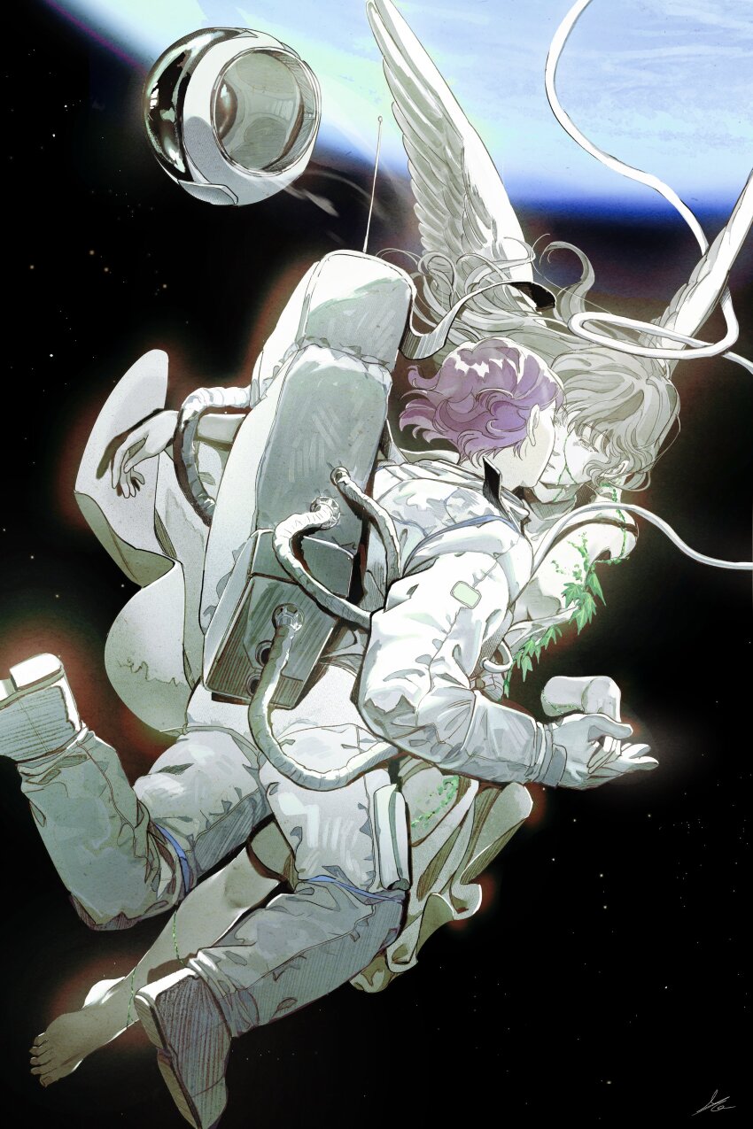 absurdres astronaut bag bare_legs barefoot boots closed_eyes couple crying disembodied_hand earth_(planet) feathered_wings floating floating_hair grey_hair hair_between_eyes helmet highres holding holding_hands in_orbit kiss leaf no_headwear original planet purple_eyes signature space space_helmet space_uniform spacesuit star_(sky) statue teardrop toktin_zq wings