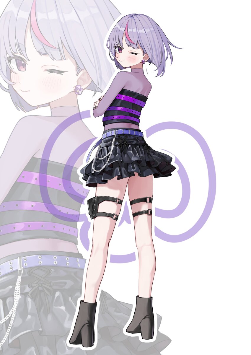 1girl absurdres alternate_costume belly_chain belt black_nails black_shoes black_skirt black_tube_top cattleya_regina_games crossed_arms earrings flower_earrings from_behind full_body hanada_ten high_heels highres holster jewelry layered_skirt looking_at_viewer looking_back multicolored_hair o-ring o-ring_thigh_strap one_eye_closed pink_eyes purple_belt purple_hair shoes short_hair simple_background skirt solo standing strapless streaked_hair studded_belt thick_eyebrows thigh_holster thigh_strap tosaki_mimi tube_top turtleneck virtual_youtuber vspo! white_background zoom_layer