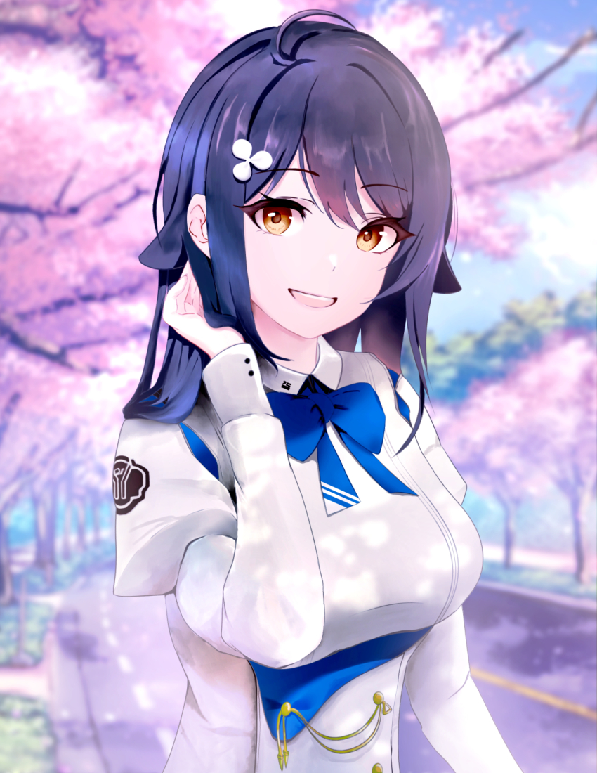 1girl azur_lane beefusteku blue_bow blue_bowtie blue_hair blurry blurry_background bow bowtie breasts brown_eyes cherry_blossoms choukai_(azur_lane) dress hair_ornament hairclip hand_in_own_hair highres large_breasts long_hair long_sleeves looking_at_viewer open_mouth road smile solo spring_(season) standing teeth uniform upper_body upper_teeth_only white_dress