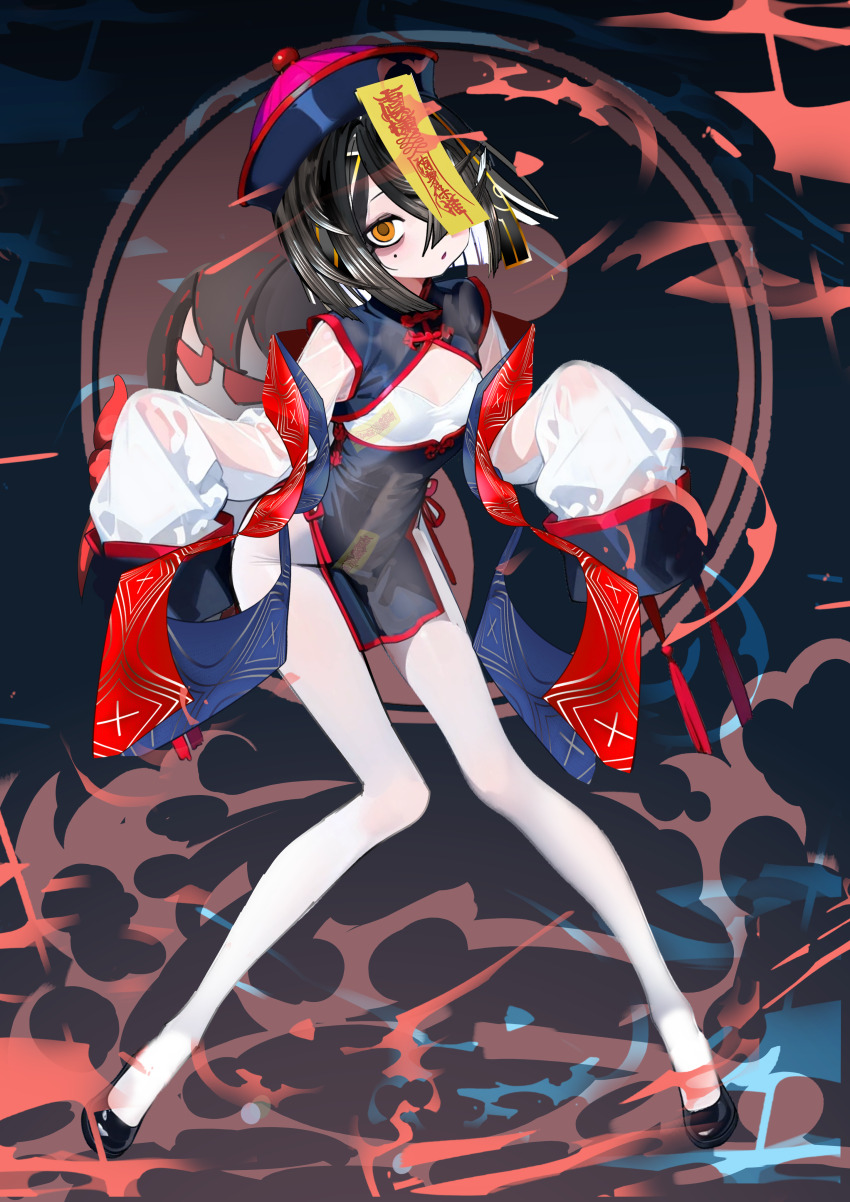 1girl absurdres black_dress black_hair breasts brown_eyes china_dress chinese_clothes cleavage_cutout clothing_cutout dress fate/grand_order fate_(series) full_body hair_over_one_eye hat highres jiangshi kitsunebi44410 lady_yu_doll long_sleeves looking_at_viewer mole mole_under_eye ofuda pantyhose pelvic_curtain qingdai_guanmao see-through_clothes short_dress short_hair small_breasts solo white_pantyhose wide_sleeves xu_fu_(fate)