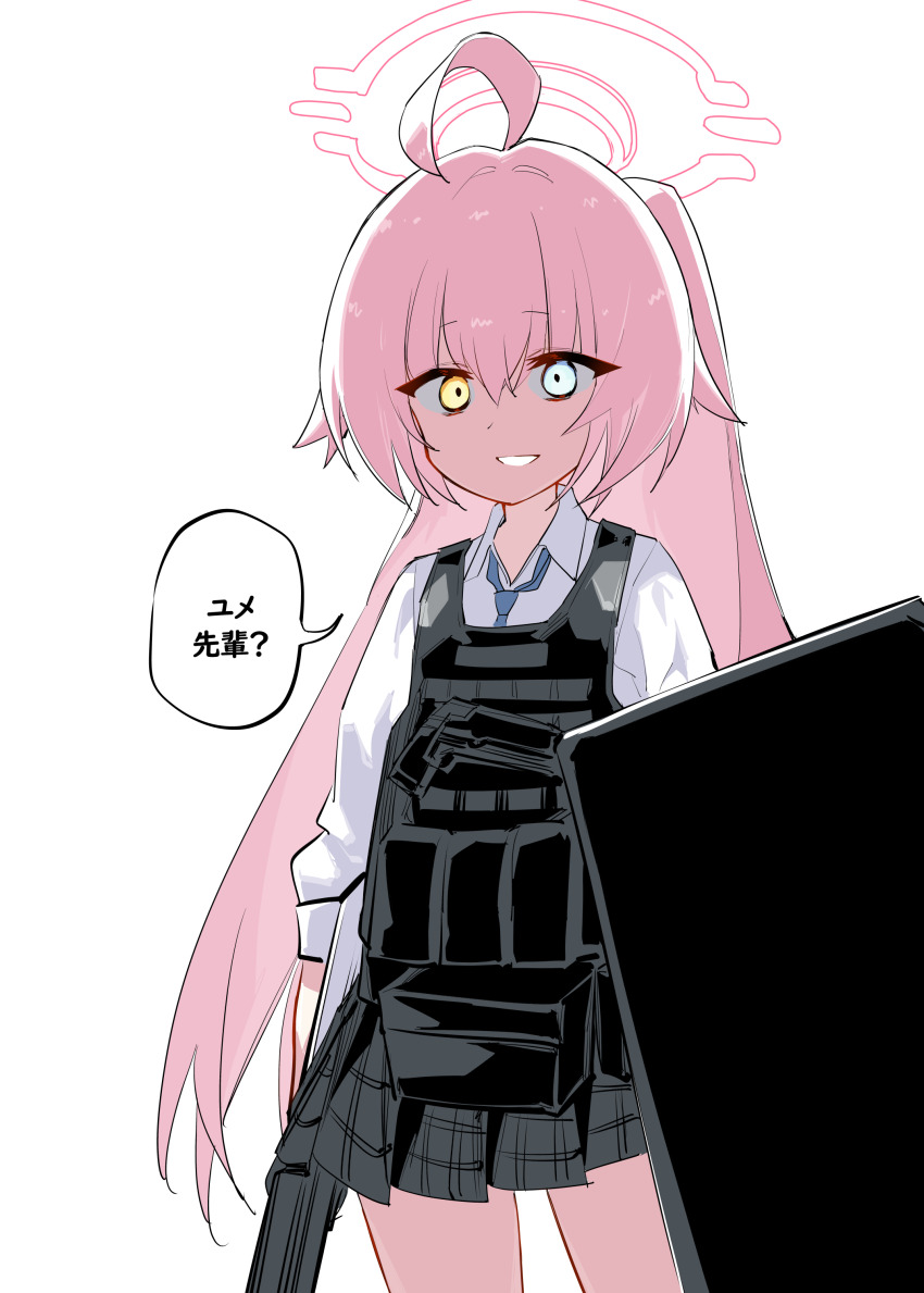 1girl absurdres ahoge blue_archive blue_eyes commentary_request crazy_eyes crossdraw_holster grin gun hair_between_eyes halo handgun heterochromia highres holding holding_gun holding_shield holding_weapon holster hoshino_(armed)_(blue_archive) hoshino_(blue_archive) japanese_text kinbakuman long_hair long_sleeves necktie pink_hair pink_halo pleated_skirt red_eyes shield shirt shotgun simple_background skirt smile solo tactical_clothes translated weapon white_background white_shirt
