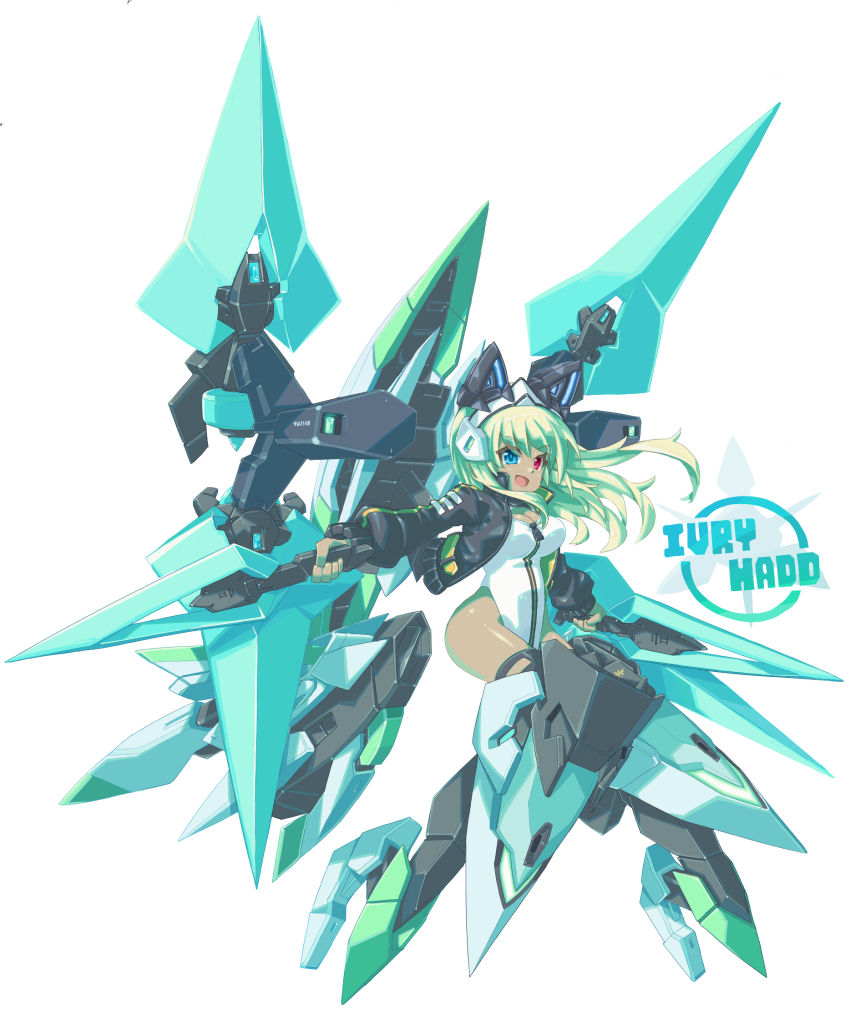 alice_gear_aegis black_jacket black_thighhighs character_name circle_cutout cleavage_cutout clothing_cutout companion/af covered_collarbone darius_burst front_zipper full-length_zipper full_body haiteku_reibou heattech_leotard highleg highleg_leotard highres ivry_hadd jacket leotard machinery multicolored_leotard race_queen sleeveless_turtleneck_leotard thighhighs turtleneck two-tone_leotard white_leotard zipper zipper_leotard zipper_pull_tab