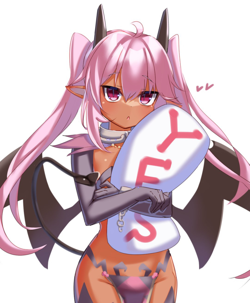 1girl :o ahoge bat_wings black_horns black_tail black_wings chain commentary cowboy_shot cuffs dark-skinned_female dark_skin demon_girl demon_tail elbow_gloves gloves hair_between_eyes heart highres holding holding_pillow horns junkpicture loincloth long_hair nyxryuuna open_mouth pillow pink_eyes pink_hair pointy_ears purple_gloves sequel_(series) sequel_blight shackles simple_background solo standing tail tail_raised twintails very_long_hair white_background wings yes-no_pillow
