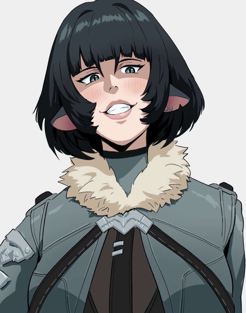 1girl animal_ears francisco_mon fur-trimmed_jacket fur_trim green_eyes green_jacket grin highres jacket jane_doe_(zenless_zone_zero) lips looking_at_viewer mouse_ears mouse_tail simple_background smile solo tail zenless_zone_zero